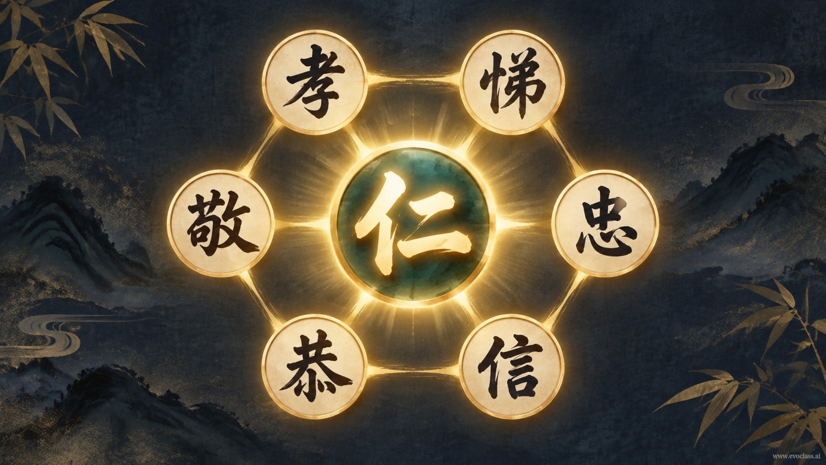 以“仁”为中心的辐射图,连接孝、悌、忠、信、恭、敬等德目